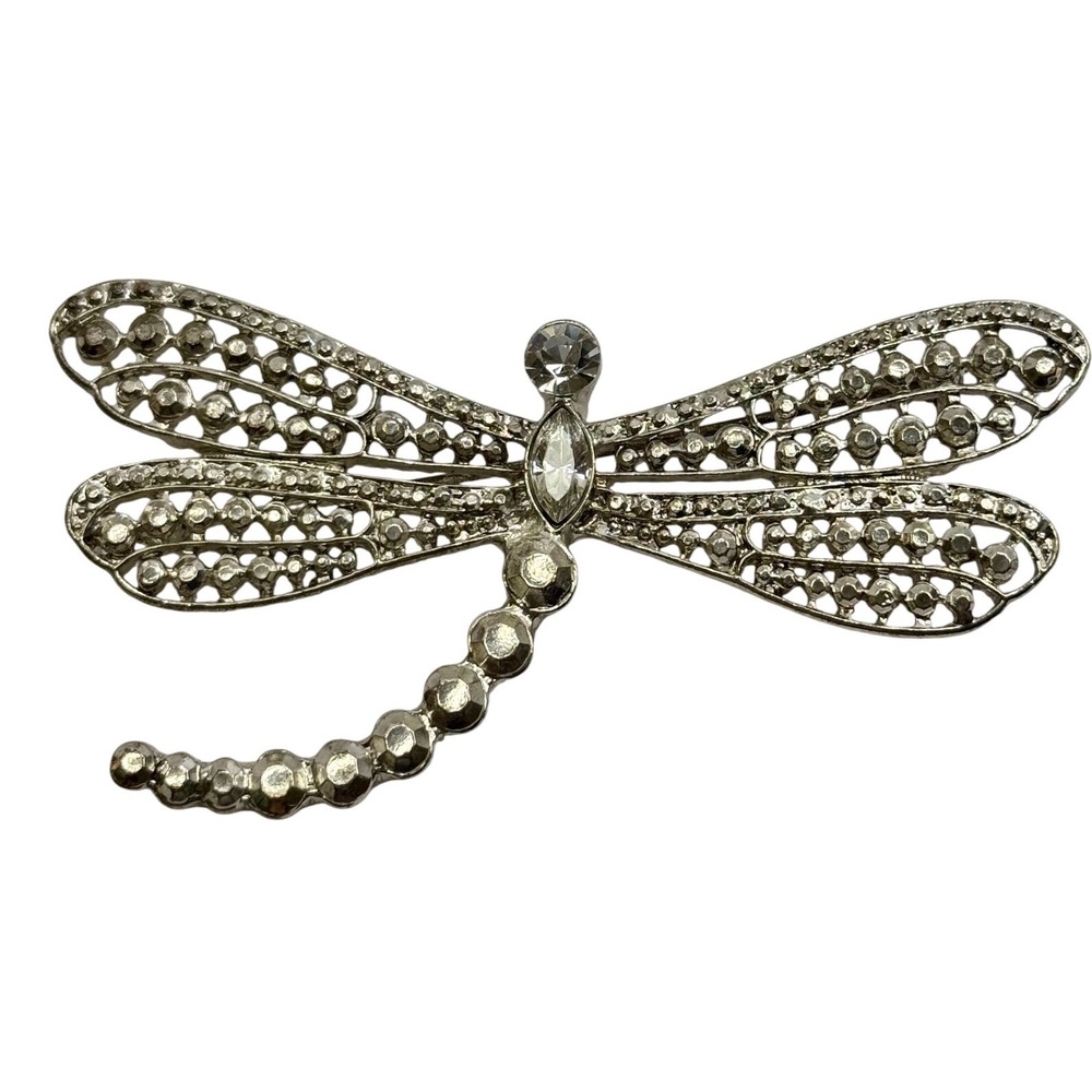 Silver Tone Dragonfly Brooch Rhinestone Filigree‎ Insect Pin Vintage Style Y2K
